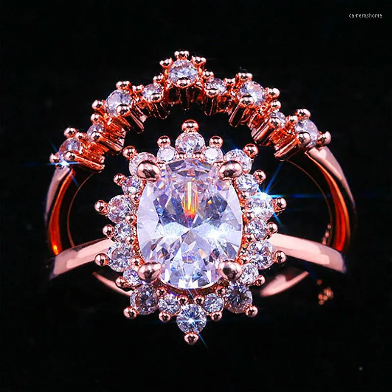 Fedi nuziali Visisap Rose Gold Color 5A Zircon per le donne Big Stone intarsiato Crown Ring Vendita gioielli all'ingrosso B2829