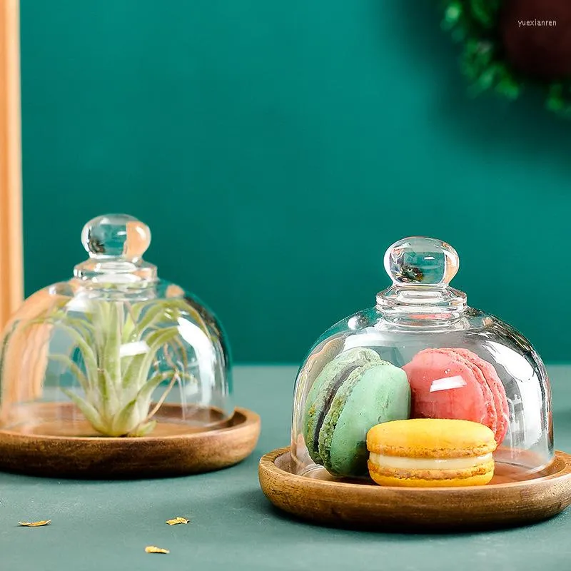 Plates Mini Wooden Dessert Plate With Glass Dome Cake Serving Tray Macarons Display Stand Platter Cupcake Cover Snack