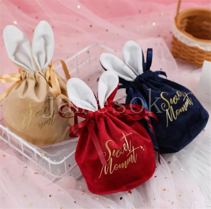 Sac cadeau de mariage créatif en forme d'oreille de lapin, sac décoratif en velours pour bonbons, sac à cordon, sac de rangement de bijoux DE978