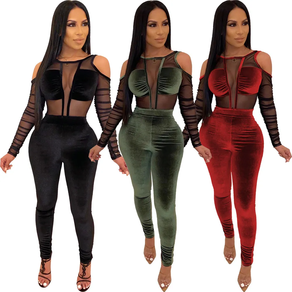 Sexy Velvet Jumpsuits Mulheres Manga longa Mesh Mesh Romadores de retalhos Fahion Hollow Out Bodycon macacos veja através de uma peça roupas de boate de boate Wear 8695