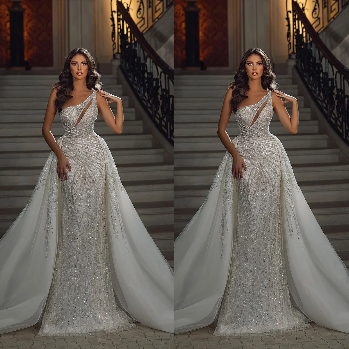 Sparkly Beads Mermaid Wedding Dress Sexy One Shoulder Sequins Saudi Arabic Sweep Train Bridal Gowns