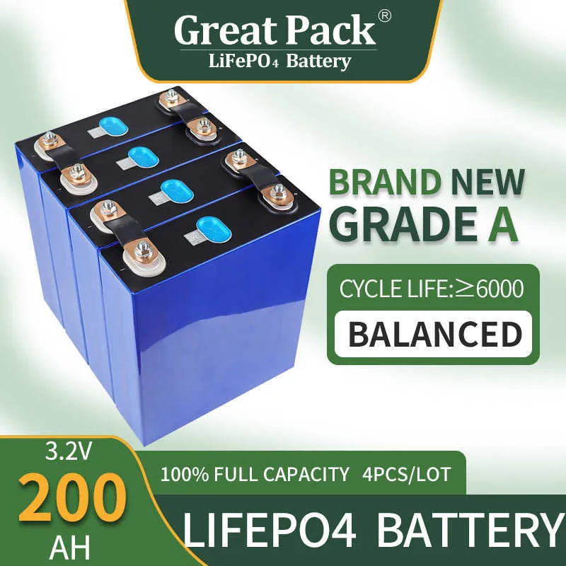 Brand New Grade A 4PCS 3.2V 200Ah Rechargeable LiFePO4 Deep Cycle 100% Full Capacity Lithium Ion Battery Cell with Busbar
