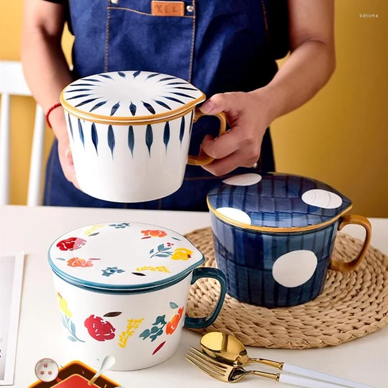 Skålar Instant Noodles Cup Ceramic Japanese Style Breakfast Bowl med täckstudent sovsal bekväma