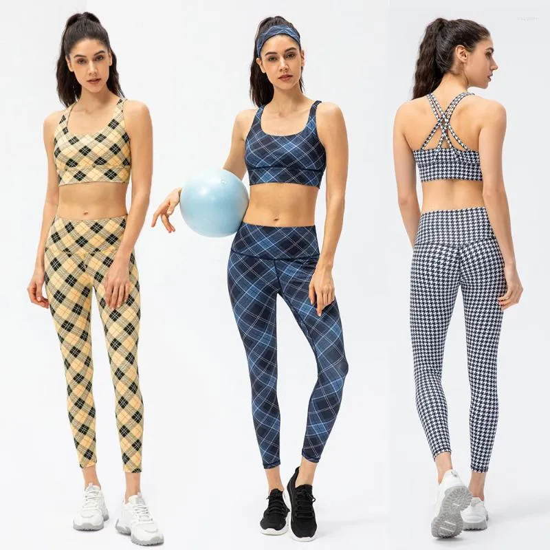 Active Sets Women Houndstooth Fabric Fitness Sports Suit Two Piece Yoga Set Sexy Cross Back Gym Bra High Waist Leggings Female Workout Wear