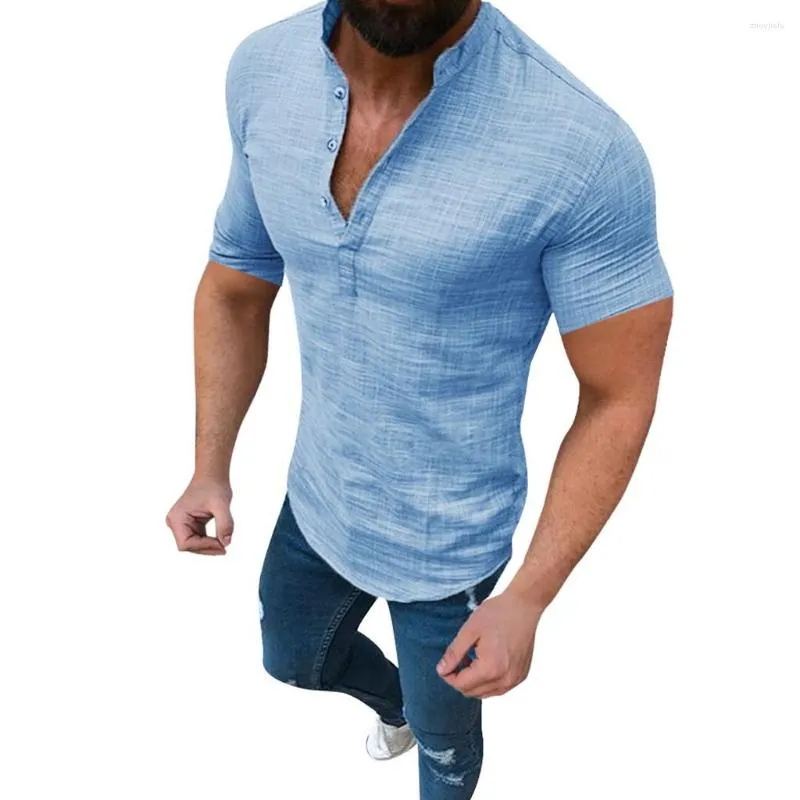 Casual shirts voor heren Zomer Solid Short Sleeve Blouses Heren katoen en linnen korte knop omhoog Tops mannelijk ademende comfortabele V-hals