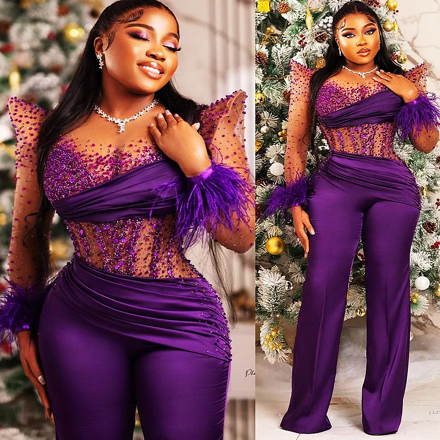 2023 Arabic Aso Ebi Purple Jumpsuits Prom Dresses Beaded Feather Evening Formal Party Second Reception Birthday Engagement Gowns Dress ZJ366