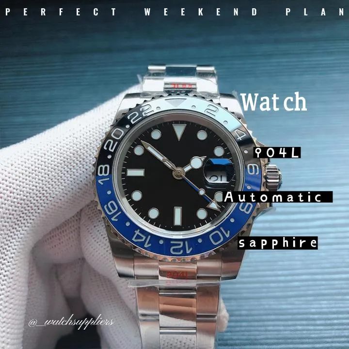 Zegarki męskie Automatyczne wodoodporne 100m świetlisty Automatyczna data 904L Pasek ze stali nierdzewnej Ceramiczny niebieski tarczy Sapphire odporne na zarysowanie Oryginalne pole zegarkowe