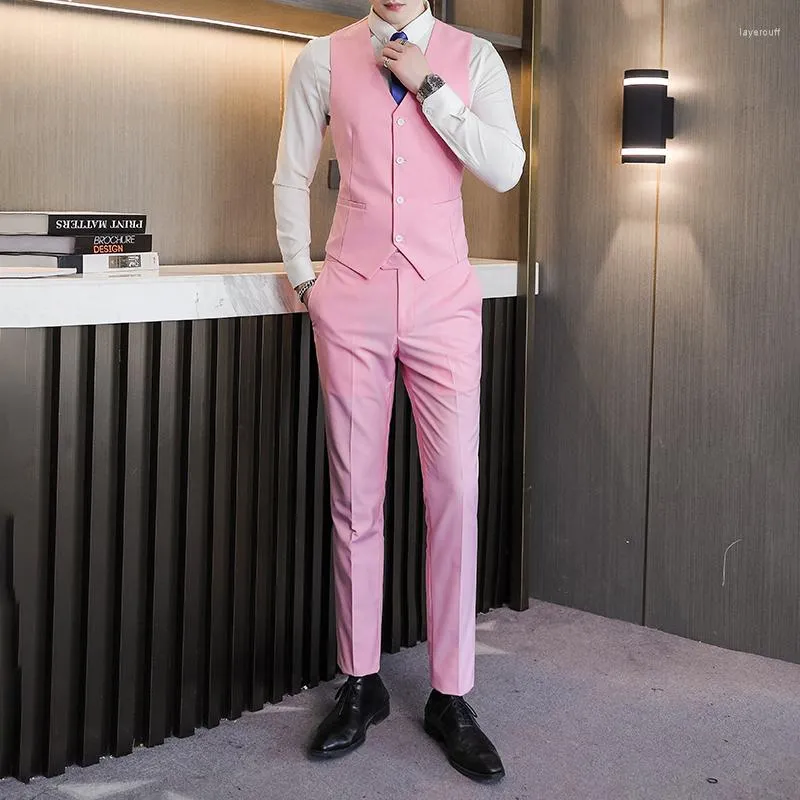 Herenpakken roze bruiloft bruidegraad waistcoats broek 2 pc's sets slanke fit vest geel podium kleding heren feest slijtage elegante kleding sociaal pakket