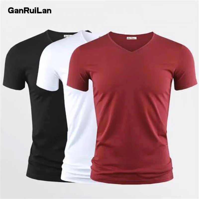 T-shirts pour hommes Nouveaux T-shirts pour hommes Couleur pure Col en V Tops à manches courtes T-shirts Hommes T-shirt Collants noirs Homme T-shirts Fitness pour vêtements masculins T230103