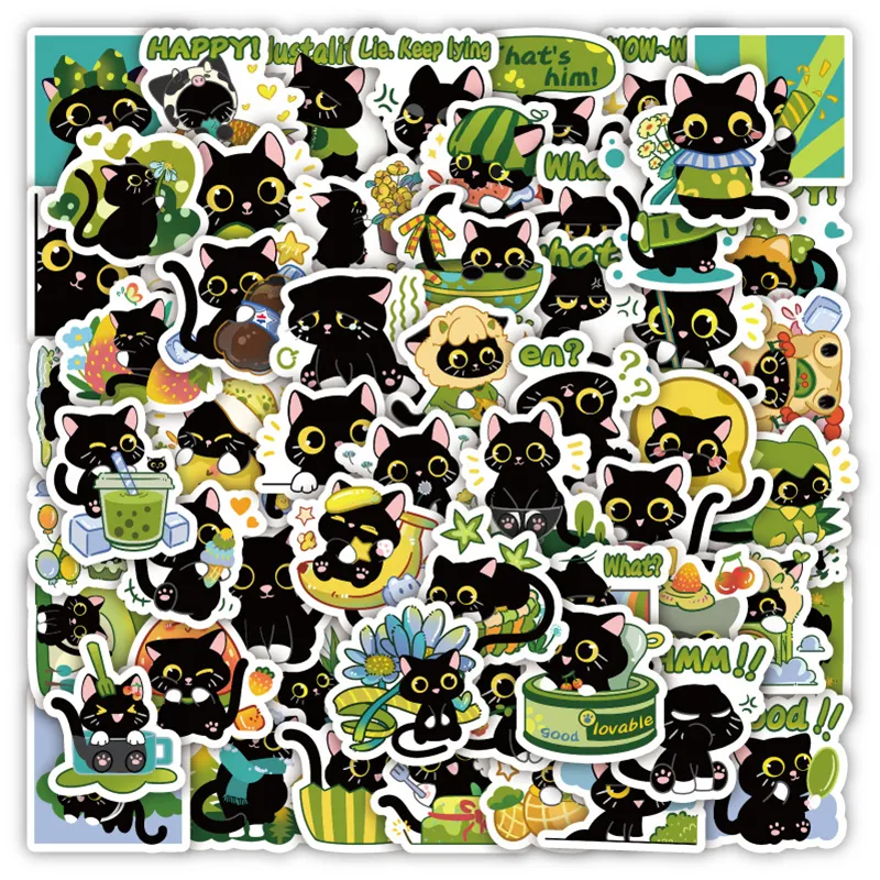 60Pcs Cartoon Black Cat Stickers CuteCat Plant Graffiti Stickers for DIY Luggage Laptop Skateboard Motorcycle Bicycle Sticker