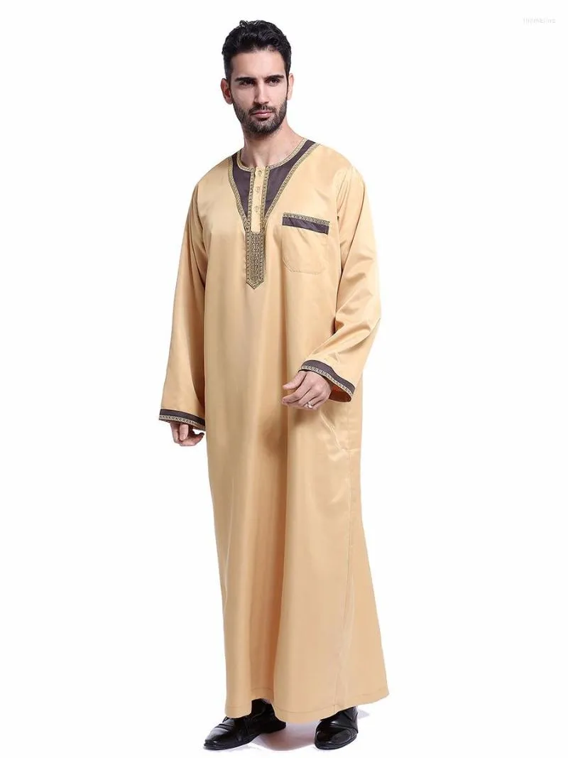 Ethnische Kleidung Muslimische Männer Jubba Thobe Tasche O-Ausschnitt Kimono Lange Robe Saudi Musulman Wear Abaya Caftan Islam Dubai Arabisches Kleid Islamisch