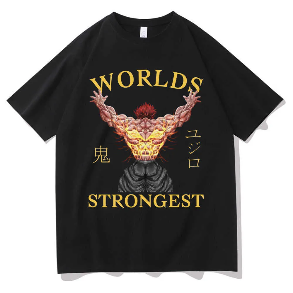 남자 티셔츠 애니메이션 남성 남성 만화 그래픽 티 남성 패션 빈티지 Tshirt 바키 그라플러 Yujiro Hanma Woelds 강력한 프린트 셔츠 T230103