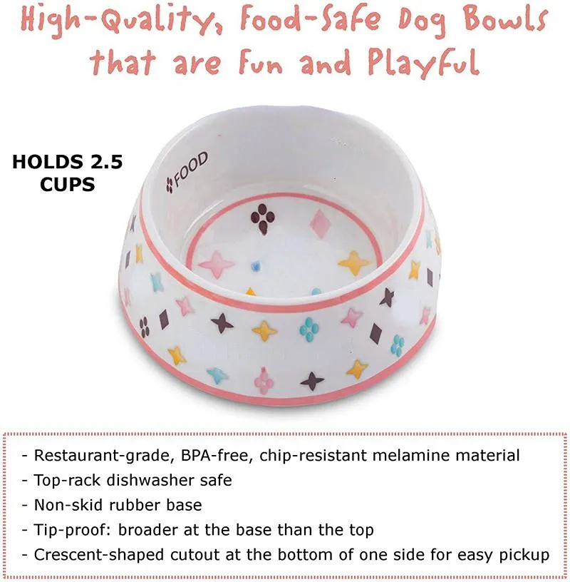 Designer Dog Bowls and Placemats Set Food Grade Non-Skid BPA-Free Chip-Proof Tip-Proof Dishwasher Safe Malamine Bowls with Fun Brand Parody Designs 2 Bowl 23 OZ J01