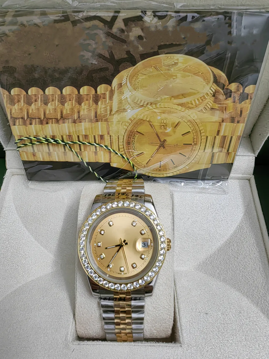 Con scatola originale Luxury Fashion WATCHES Orologio da uomo automatico da uomo con quadrante in oro giallo 8k con diamanti 18038 202325