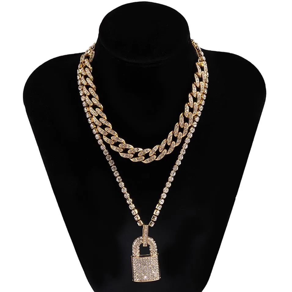 Licht Luxe Vol met diamanten bezaaid Slot Hanger Kettingen Mode Overdreven Retro Persoonlijkheid Meerlaags Hiphop Punk Stijl Cuba329q