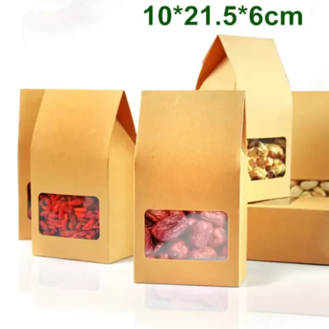 10x21,5x6 cm 120 unids/lote caja de papel Kraft con ventana transparente embalaje de regalo DIY almacenamiento de alimentos bolsa de organo para aperitivos galletas nueces