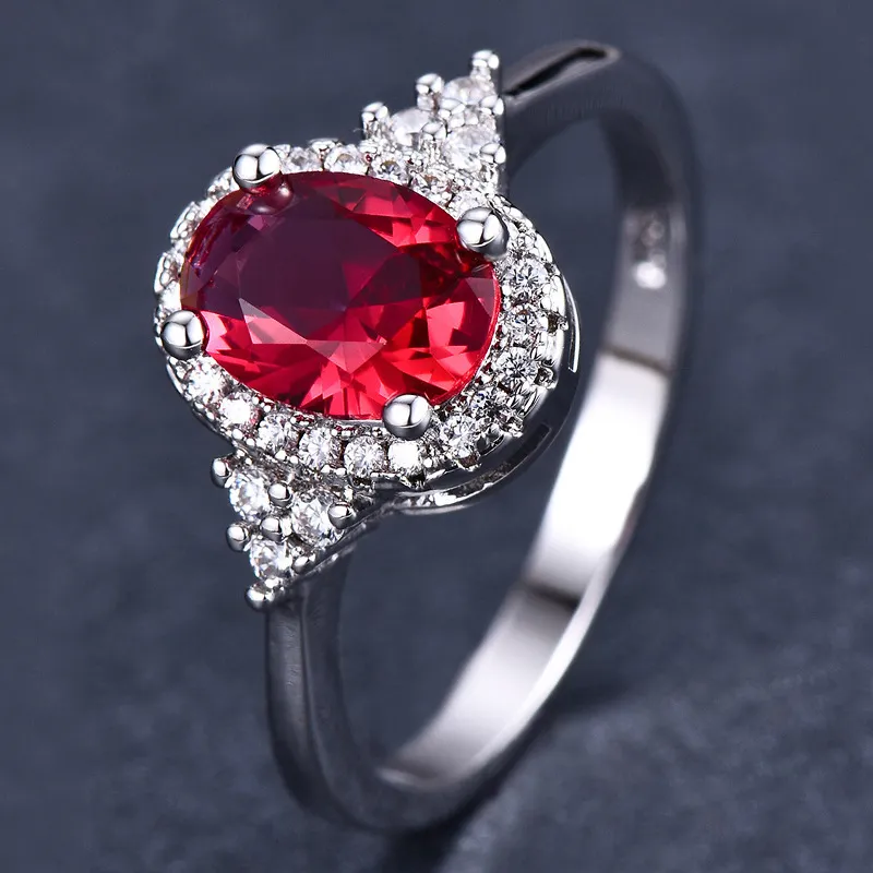 Style européen et américain femmes imitation rubis bague filles ronde cristal rouge or blanc platine plaqué zircon diamant bague de mariage fête bijoux réglable