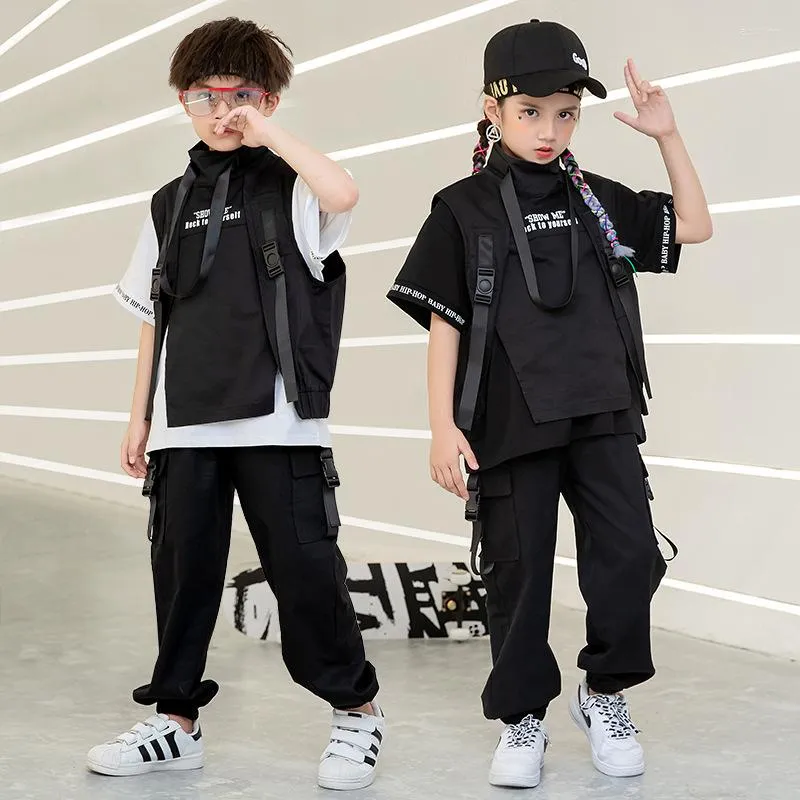 Stage Wear Noir Enfant Hip Hop Vêtements T Shirt Top Tactique Cargo Pantalon Sans Manches Veste Gilet Filles Garçons Jazz Danse Costume Vêtements