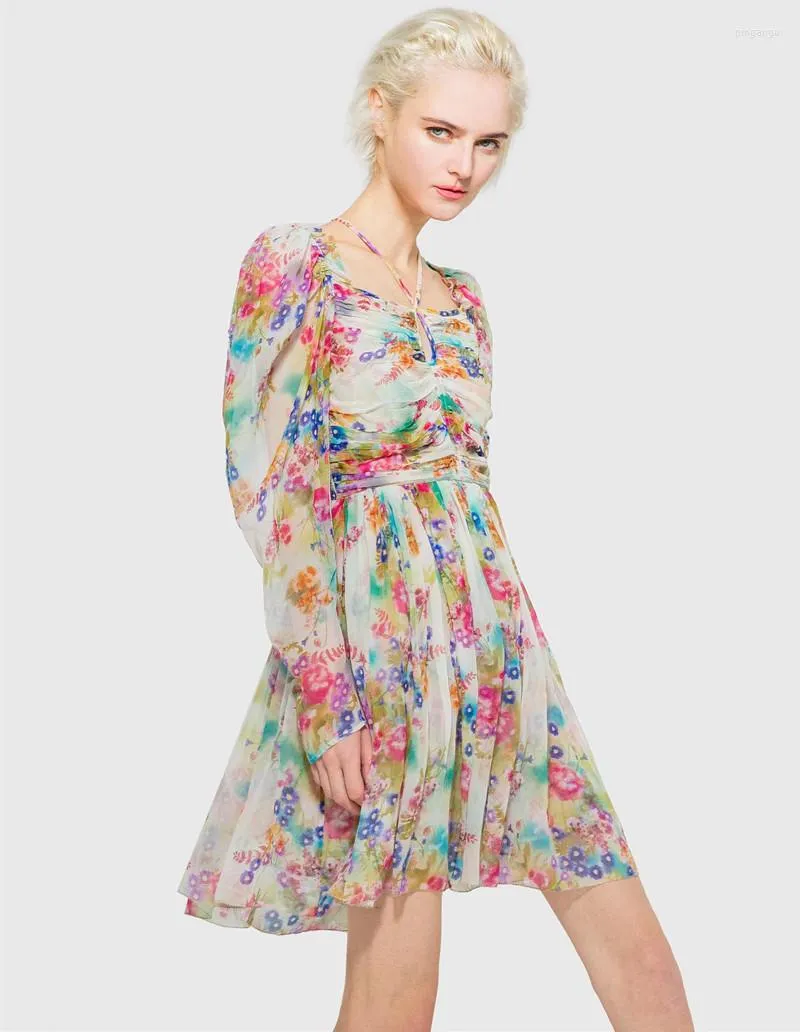 Casual Dresses 2023 Women Silk Floral Print Square Collar Long Sleeve Folded Bust Colorful Dress