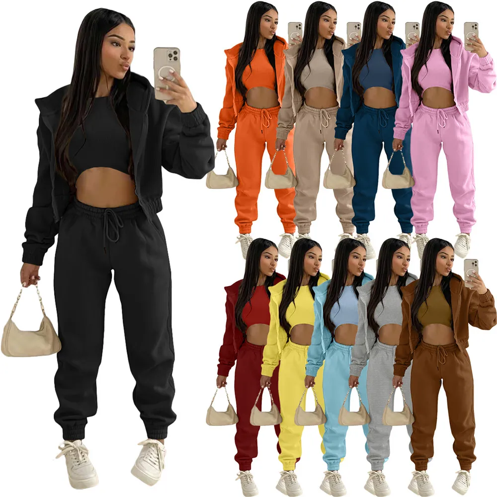 Fall Winter Fleece Tracksuits 3 Pieces Sets Women Long Sleeve Sweatsuits Casual Hooded Jacket Vest and Pants Matching Set Casual Sports Suits Sportswear 8686