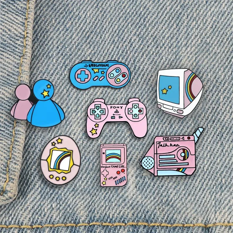 Broches 7Pcs / Set Retro Gamepad Collections Épingles En Émail Rose Bleu Jeu D'ordinateur Gacha Broche Chemise Épinglette Badge Bijoux Amis Cadeau