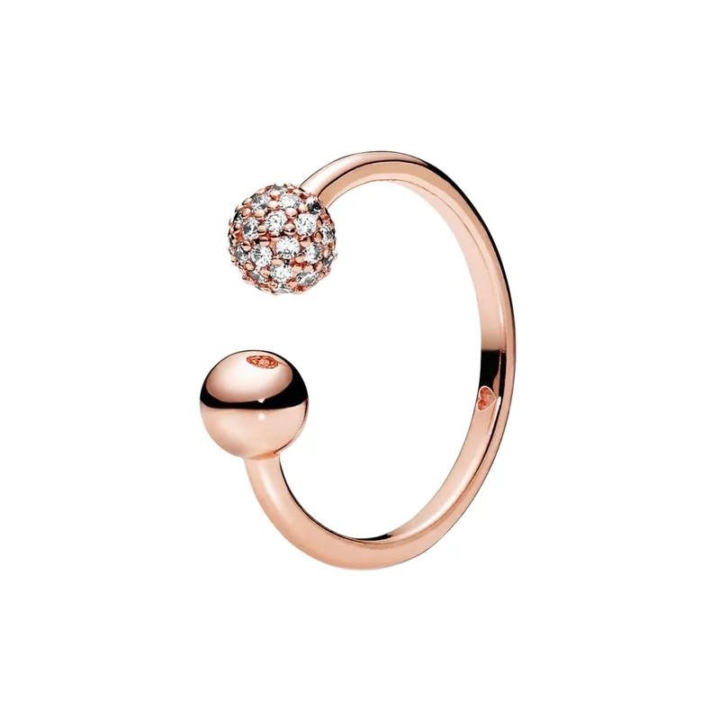 18K Rose Gold Polished Pave Bead Open Ring med originalbox för Pandora Authentic Sterling Silver Wedding Jewelry for Women Cz Diamond Girlfriend Gift Rings