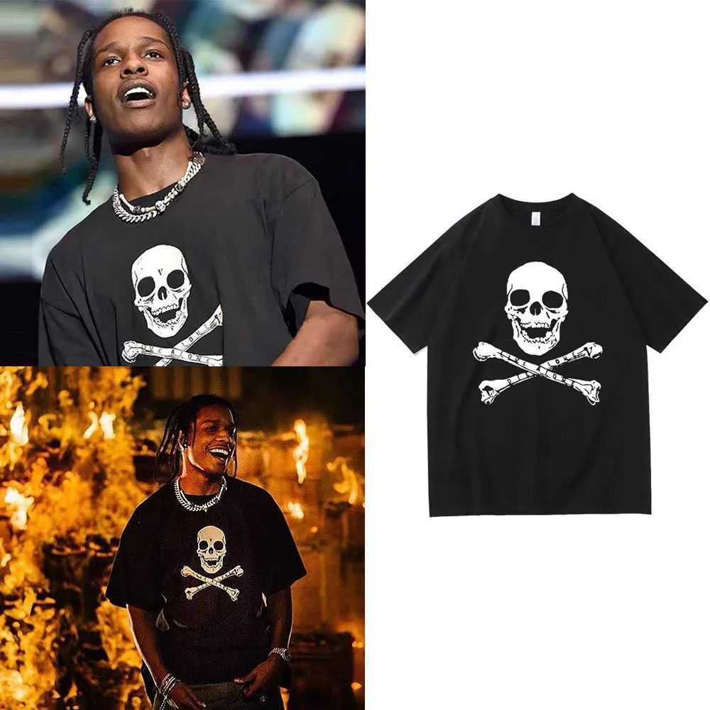 Erkek Tişörtler ASAP Rocky Aynı Baskı Tişörtlü İskelet Desen Tees Erkek Kadın Moda Hip-Hop Vintage Tshirt Erkek Siyah T-Shirt Kısa Kol T230103