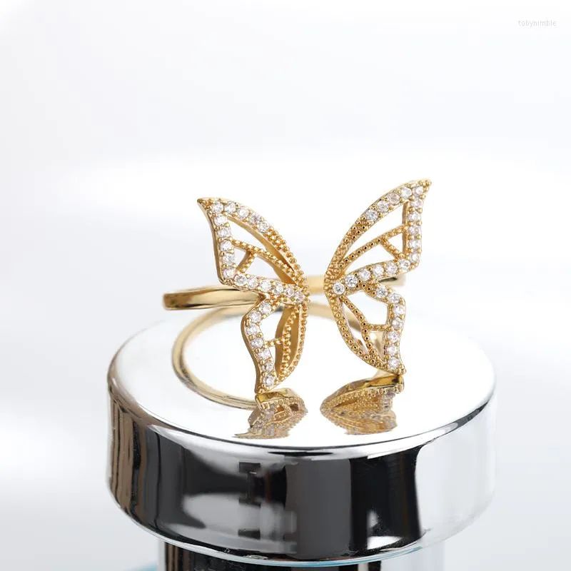 Anillos de racimo con incrustaciones de circón mariposa dorada abierta para mujeres ajustable elegante boda niñas anillo de insectos accesorios de joyería de fiesta regalo