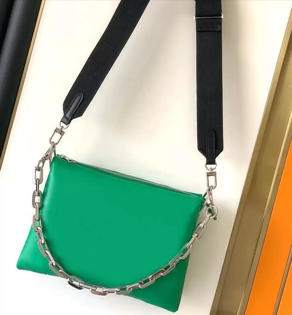 Designer Genuine Leather Thick Strap Shoulder Bag With Gold Chain Strap, Wide Removable Straps