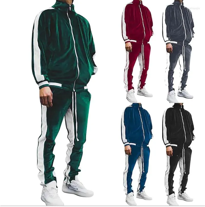 Mens Velour Tracksuit Set Standing Collar Jogging Suit In Wine Red ...