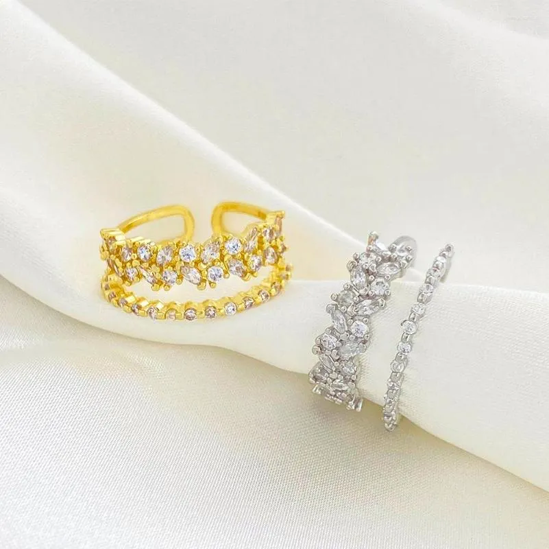 Anillos de boda de moda con exquisita apertura para mujer, anillo de dedo ajustable de circón geométrico de doble capa, regalo de joyería para niña