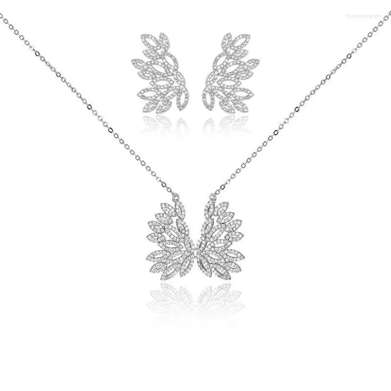 Necklace Earrings Set VERY GIRL Angel Wing Feather Full Cubic Zircon Pave Women Bridal