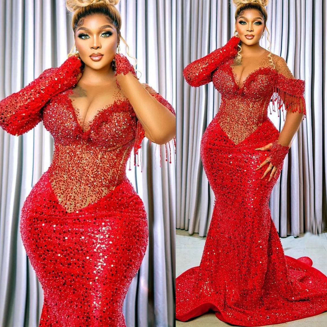 2023 Arabische Aso Ebi Red Mermaid Prom Dresses kristallen Crystals Evening Formele feest tweede receptie Verjaardag verlovingsjurken Jurk ZJ707