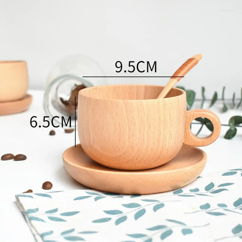 Cups Saucers Natural Hand-carved Coffee Cup Three-piece Solid Wood Tea Beech With Handle Water Afternoon Holiday Gift