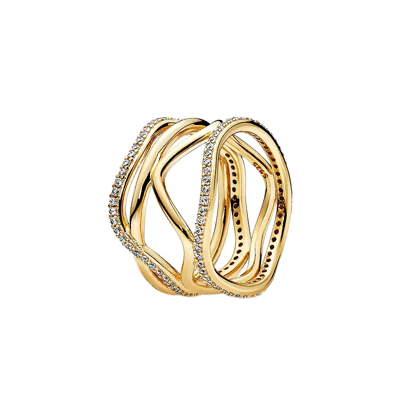 Gelbvergoldeter Swirl Line-Ring mit Originalverpackung für Pandora, authentischer Sterlingsilber-Hochzeitsschmuck für Frauen und Mädchen, CZ-Diamant-Geschenkringe für Freundin