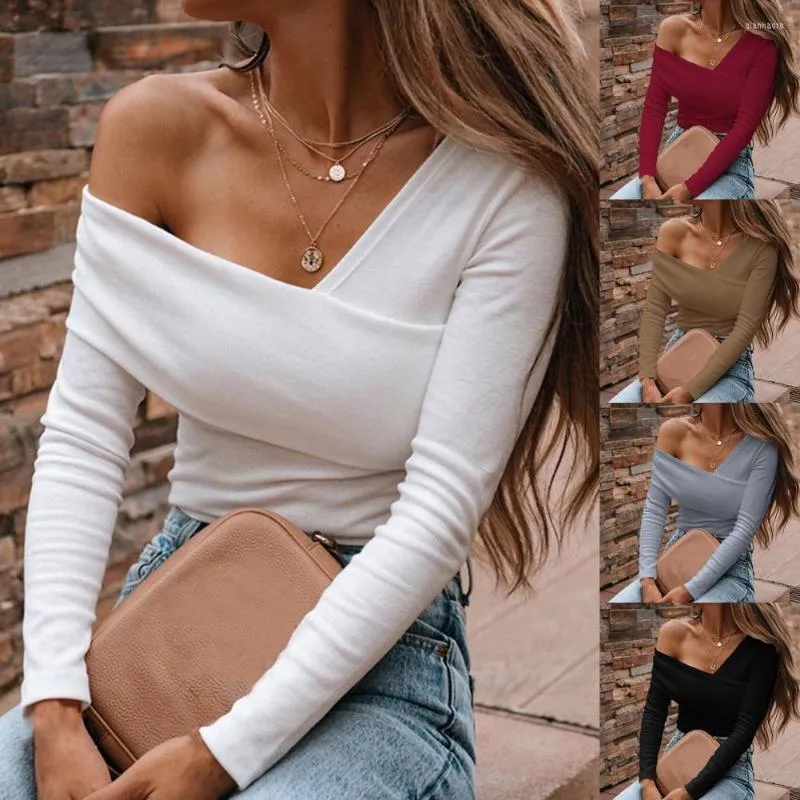 Blusas de mujer, blusas sexys ajustadas con hombros descubiertos, blusa de camiseta de punto acanalado con cuello en V y manga larga para primavera y otoño de Color sólido