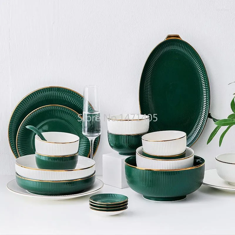 Dinnerware Sets Light Luxury Emerald Phnom Penh Ceramic Tableware Creative Embossed Western Dinner Plate Dishes Spoon Microwave Household