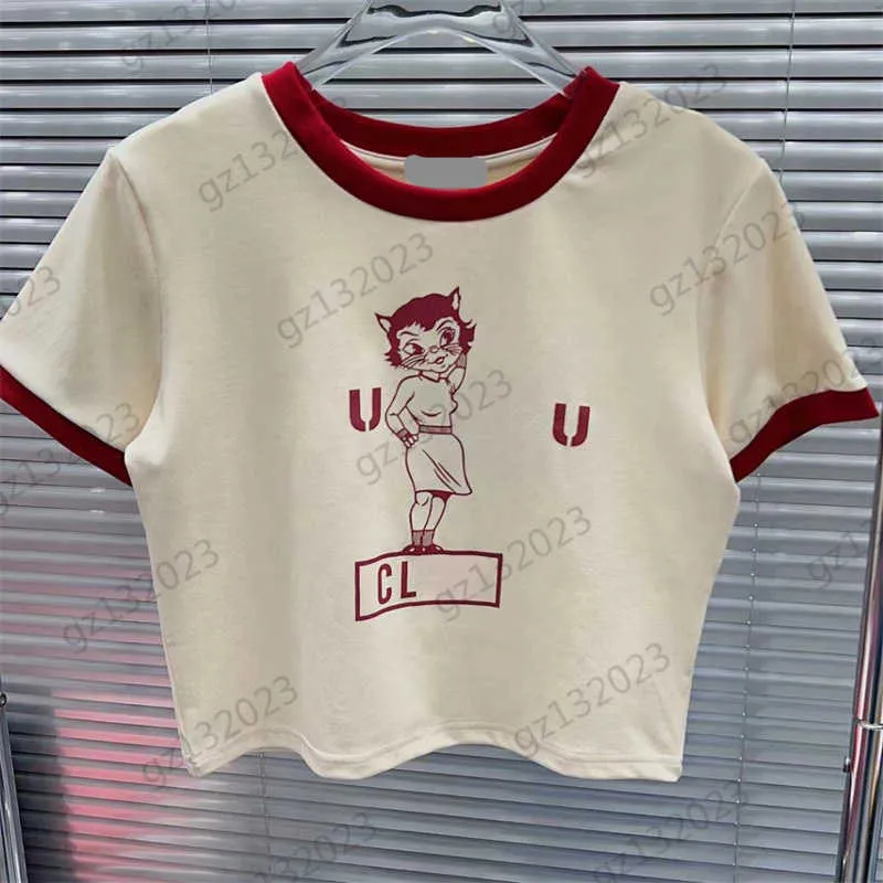 Tops Femmes Designer Vêtements T-shirts Miui Cartoon Cat Girl Imprimer Court Taille Nue T-shirt Couleurs Bords Manches Top pour Femmes Coton