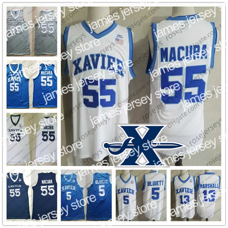 College Basketball Wears Custom Xavier Musketeers 2020 Basketball # 13 Naji Marshall 4 Tyrique Jones 55 JP Macura 1 Paul Scruggs White Bue Men Youth Kid Jersey