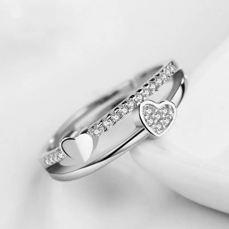 Anillos de racimo Doble capa Amor Apertura en forma de corazón Exquisita CZ Zircon Anillo de dedo Joyería de moda para mujeres Niñas Día de San Valentín