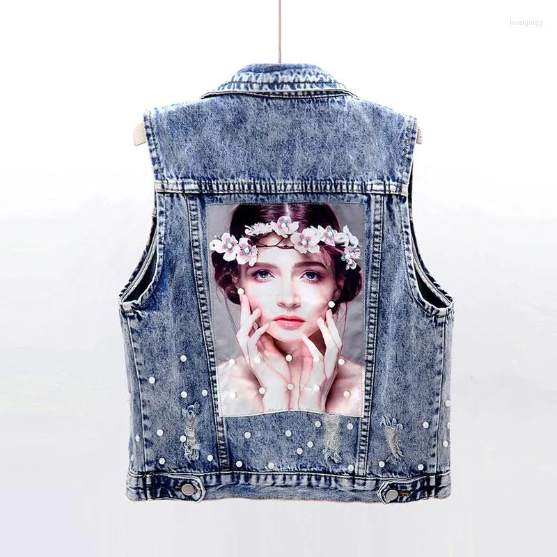 Gilets pour femmes 2023 printemps et automne style punk déchiré denim gilet femmes sans manches slim jean 3d fleurs trous