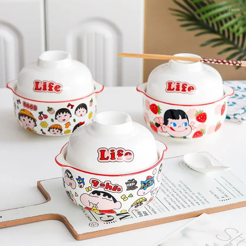 Bowls 650ml Noodle Bowl with Lid Cartoon Shins Marukos Creative Spoon Ceramics Instant Room الطالب