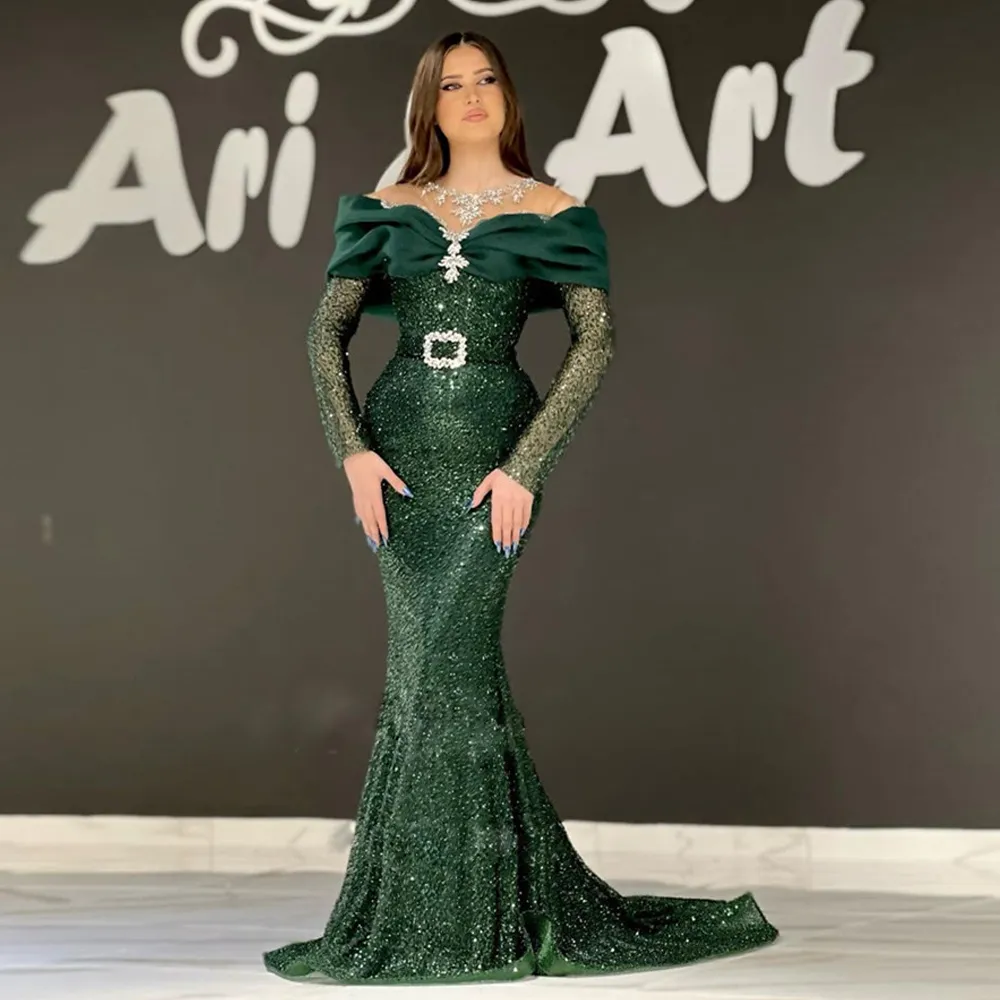 Sparkly Green Sequin Evening Dresses Sheer Neck Long Sleeve Prom Gown With Crystal Belt Robe De Mariee 326 326