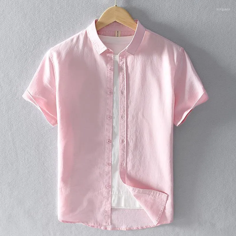 Chemises décontractées pour hommes été coton lin à manches courtes hommes mode rose classique col rabattu homme hauts grande taille S-4XL Y2469
