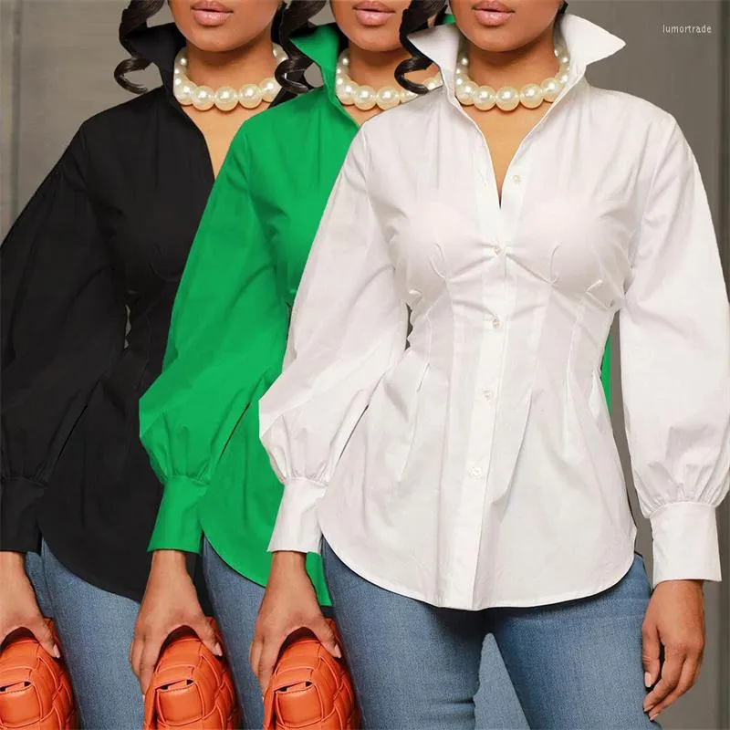 Kvinnors T-skjortor Arbetsplats Artistic Sense Casual T-shirt Spring och Autumn Lady Lantern Sleeve Turtleneck Button Solid Color