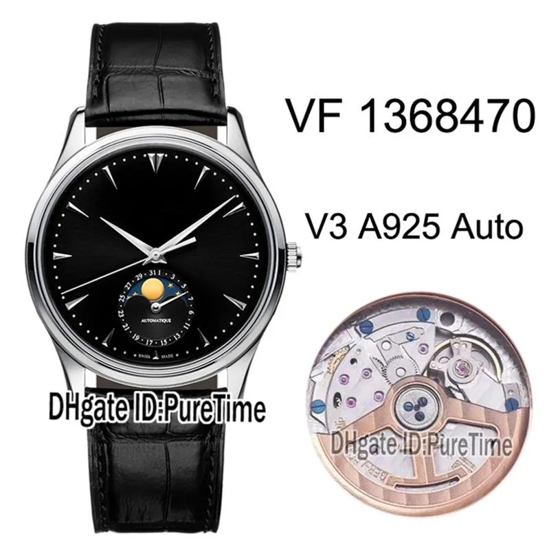 Новый VF V3 Master Ultra Thin Thin Moon 1368470 Стальный черный цвет JLC A925 Автоматические мужские часы кожа правильная фаза луна 275U