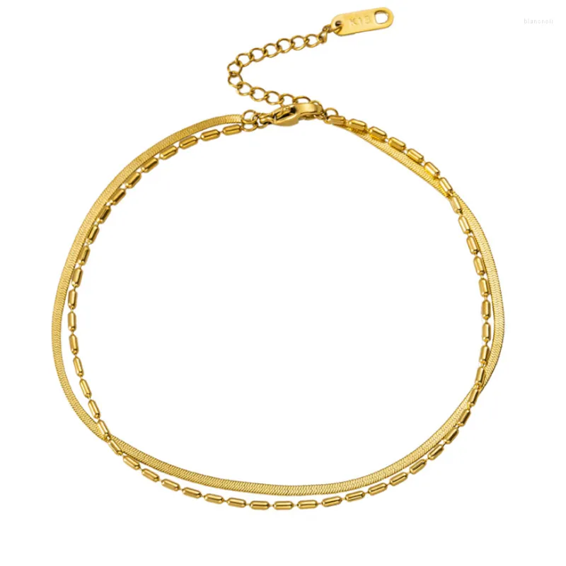 Tobilleras 316L Acero inoxidable Moda Joyería de gama alta Color oro 2 capas Gargantilla con cuentas Cadenas de hueso de serpiente para mujeres Tobilleras