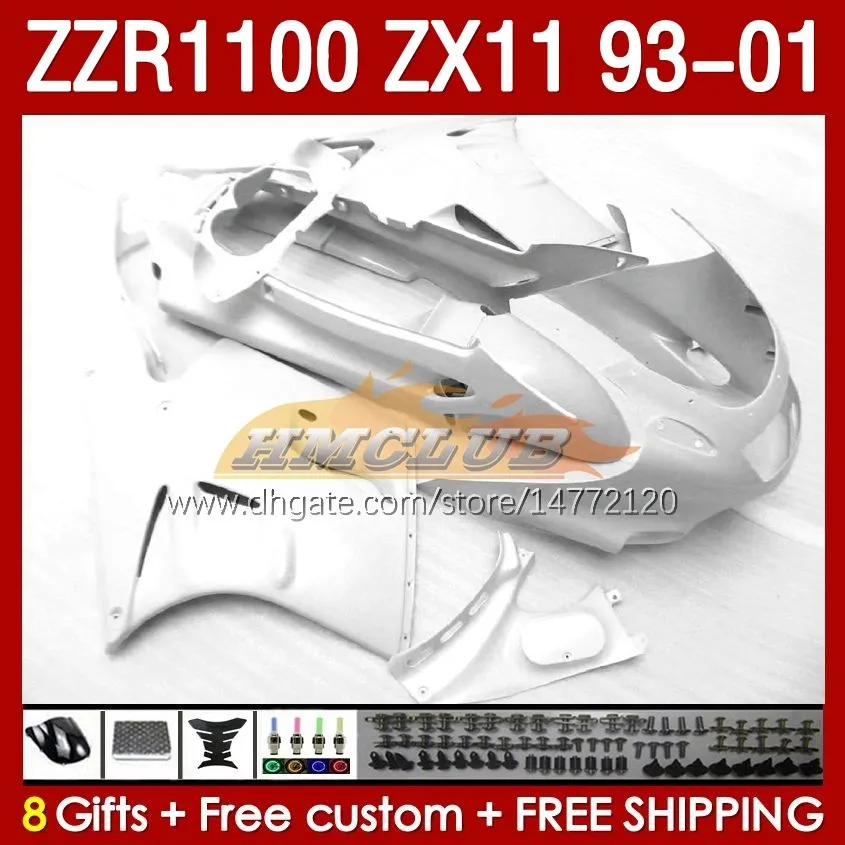 Bodys Kit för Kawasaki Ninja ZX-11 R ZZR1100 ZX-11R ZZR 1100 CC ZX11 ZX 11 R 11R GLOSS VIT 165NO.53 ZX11R 93 94 95 96 01 ZZR-1100 1997 1998 1999 2000 2001 OEM FULL FAIRING