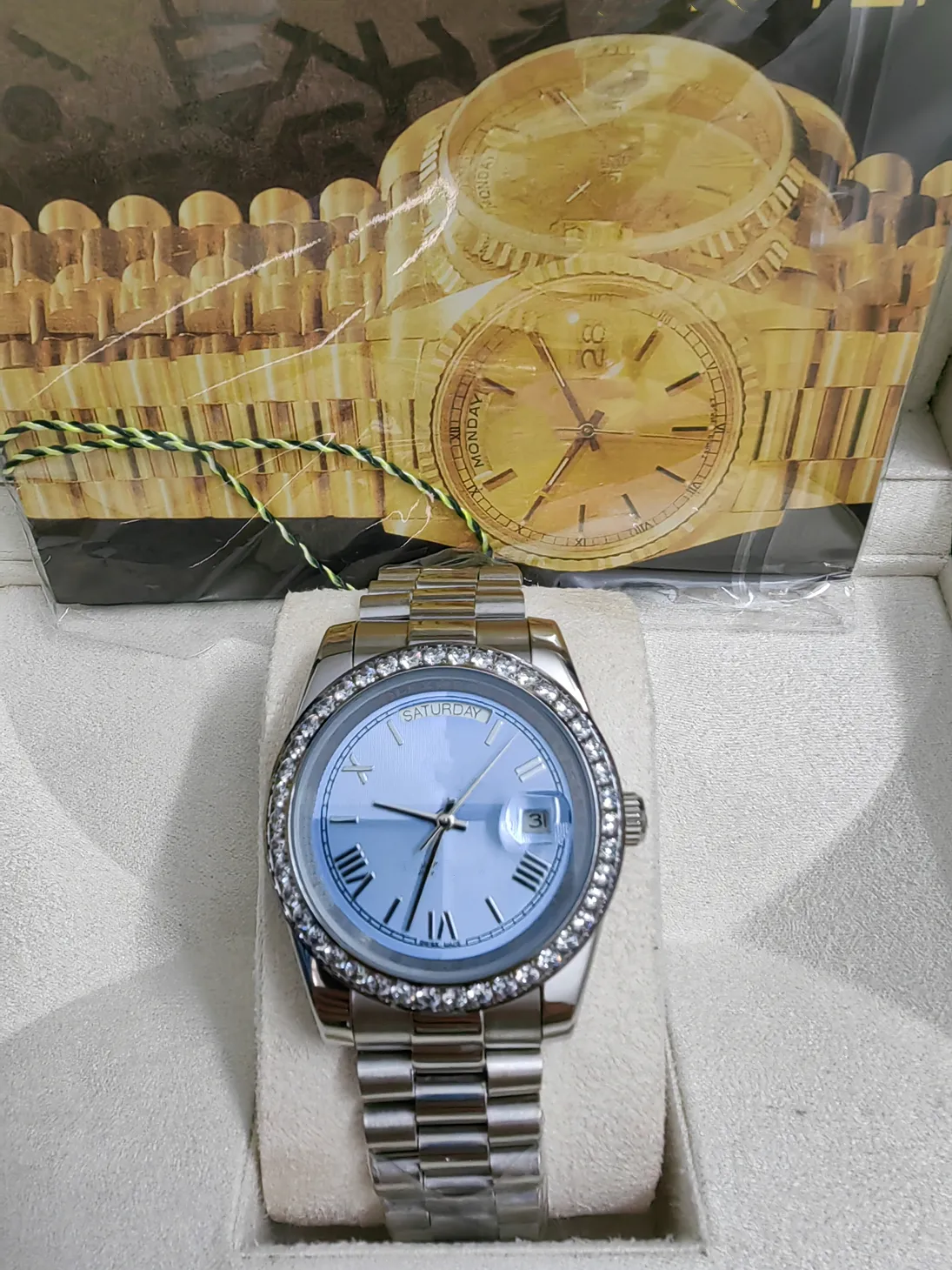 18k Gold President Automatic Watch Mens Day Date Green Dial