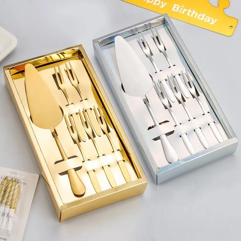 Stainless Steel Cake Knife And Fork Set High-end Cakes Shovel Dessert Fork Birthday Dinner Plate Candle Hat Tableware Combination RRC864